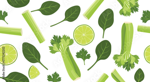 Vibrant green fruits and vegetables scattered on a white background, creating a refreshing design.