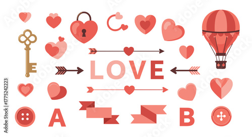Collection of romantic symbols including hearts, a key, a hot air balloon, and the word love.