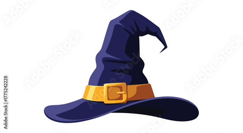 A cartoon illustration of a blue witch's hat with a golden buckle and belt against a white background.