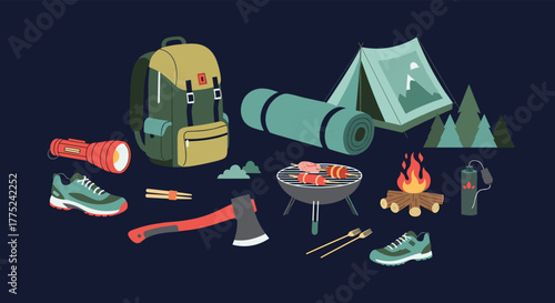 Camping gear and equipment illustration featuring tent, backpack, grill, sleeping bag, campfire, and other camping essentials.