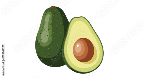 Illustration of a whole avocado next to a halved avocado with its seed showing its interior details.