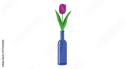A vibrant purple tulip stands gracefully in a tall, slender blue glass bottle, adding a touch of elegance and simplicity to the scene.