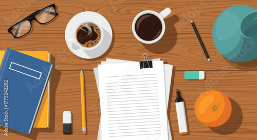An overhead view of a well-organized wooden desk featuring books, coffee, writing supplies, and a fresh orange, perfect for study or creative work.