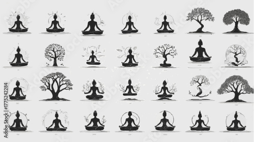 Dark silhouettes of a Buddha figure and surrounding trees, set against a colorful twilight backdrop