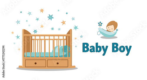 Cute baby boy illustration with a crib, stars, and the text 'Baby Boy'.