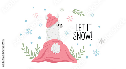 Cute cartoon llama wearing a pink hat and scarf with snowflakes and the text 'let it snow'.
