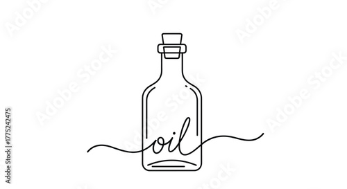 Minimalist line art illustration of a glass bottle with a cork and the word oil scripted below.