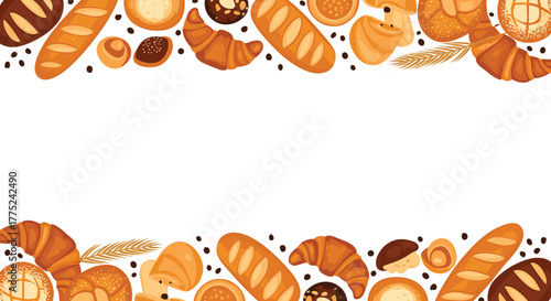 An attractive bakery frame filled with various breads, buns, and croissants; creating an inviting and warm display for baking-themed designs.