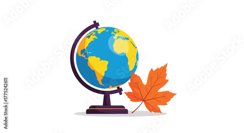 Autumn concept featuring a globe and maple leaf on a white background, symbolizing travel and the changing seasons.