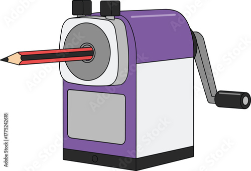 Purple and white manual pencil sharpener with crank handle, sharpening red pencil, cartoon style vector illustration, school supply, office tool, educational equipment, back to school, stationery item