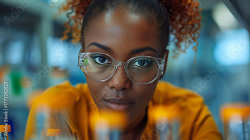 A scientist, wearing safety goggles, intently examines a chemical solution in a laboratory setting. The blue lighting creates a focused, professional atmosphere