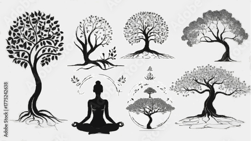 A versatile vector tree silhouette set featuring nature illustrations of black summer and spring plants with detailed leaf, branch, and root sketches