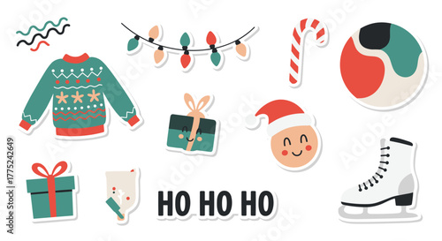 A cheerful collection of festive Christmas stickers featuring holiday essentials like an ugly sweater, gifts, candy cane, lights, Santa face, and ice skate.