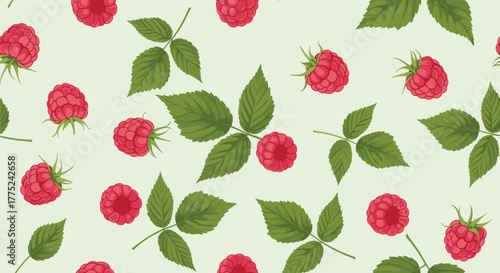 Raspberry fruit and leaf pattern on a light green background, a seamless repeating design for various applications.