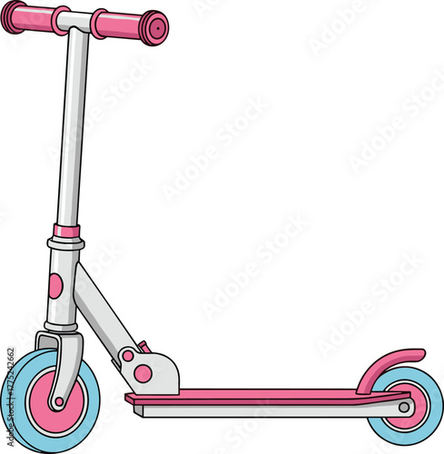 Pink and blue kids scooter, vector illustration for children’s outdoor play, fun transportation, cartoon style, isolated on white background, ideal for ads, websites,