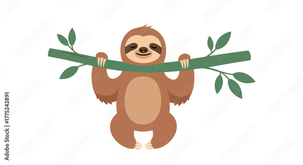 Naklejka premium Cute cartoon sloth hanging from a tree branch with green leaves.
