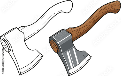 Two axes side by side, one colored with wooden handle and metal blade, one line art outline, vector illustration, tool icon, camping gear, survival equipment, forestry, chopping wood