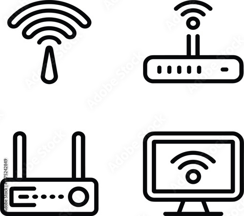 Wi-Fi and Wireless Technology Line Icon Set - Router, Signal, Network, and Connectivity Vector Pack
