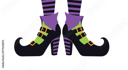 Whimsical illustration features a pair of classic witch shoes with curled toes, accented by green straps, golden buckles, and striped stockings.