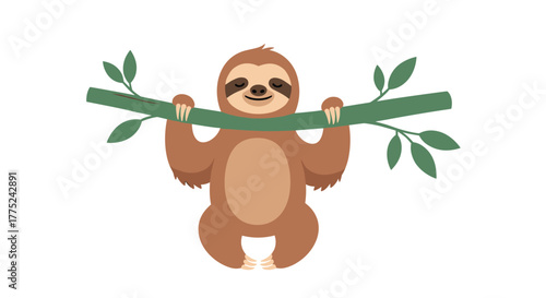 Cute cartoon sloth hanging from a tree branch with green leaves.