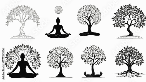 Vector set of tree silhouettes and leaf branch designs for nature, family, love, yoga, and meditation illustration art