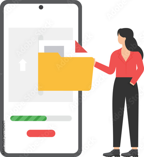 Two people stand near a big folder with different files. Modern vector illustration
