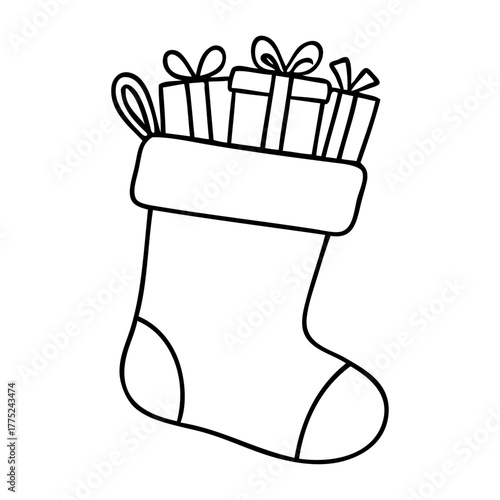 Decoración de Navidad. Logo con calcetín de Santa Claus con cajas de regalo con líneas para tarjetas y felicitaciones