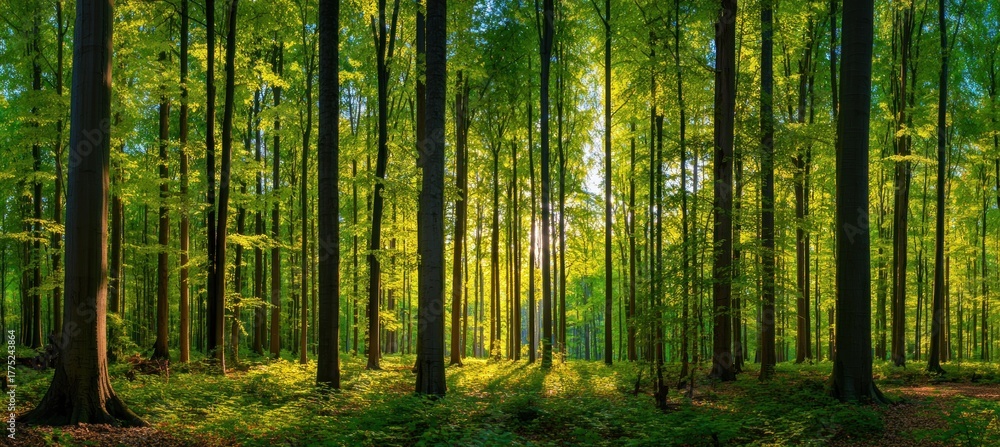 Obraz premium Sunlight filters through a dense forest, illuminating tall, green trees and undergrowth with long shadows
