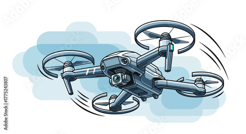 Drone flying with motion blur and cloudy background