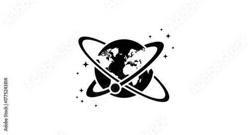 Earth globe orbiting with stars with transparent background