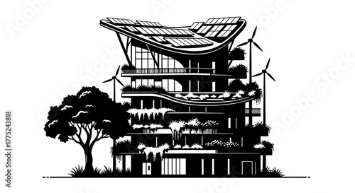 Eco-friendly building with wind turbines and solar panels