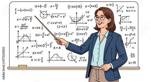 Female teacher explaining math equations on whiteboard