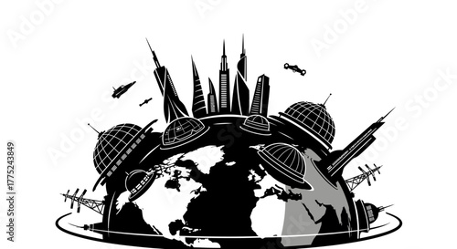 Futuristic cityscape on globe with spacecraft