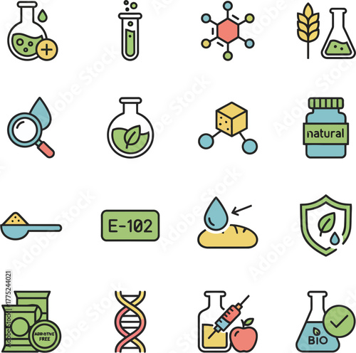 Food science and chemical additives colorful line icon set.