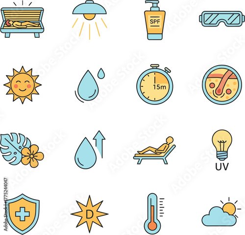 Tanning Salon and Sun Protection Color Icon Set.