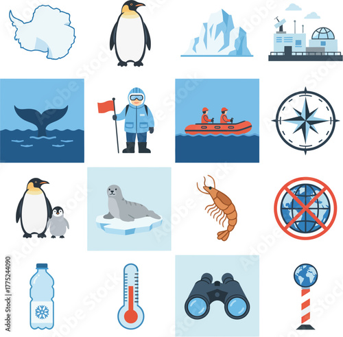 Collection of flat design icons representing Antarctica and polar exploration.