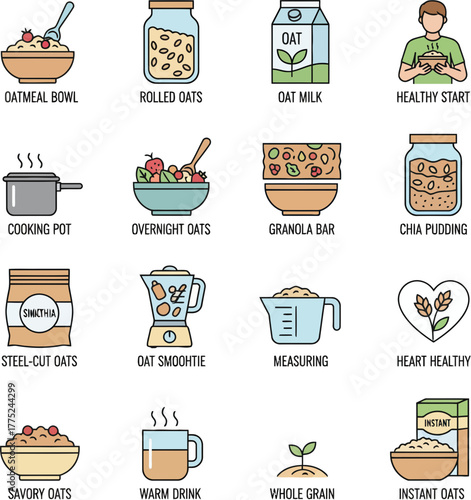 Oatmeal and Healthy Breakfast Food Line Icon Set.