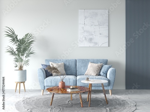 Cozy, minimalist living room featuring a light blue sofa, nested coffee tables with wood and marble tops, and a muted blue vertical accent panel on a white wall, 3D rendering.