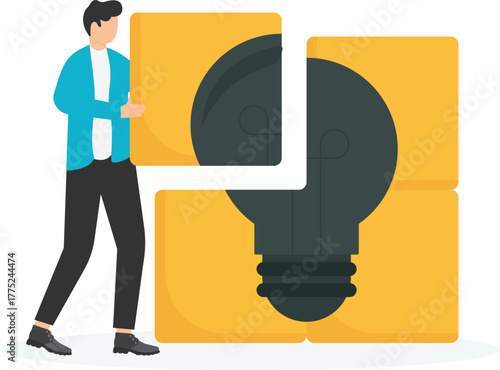 Modern collage with halftone hands holding a puzzle in the shape of a light bulb.
