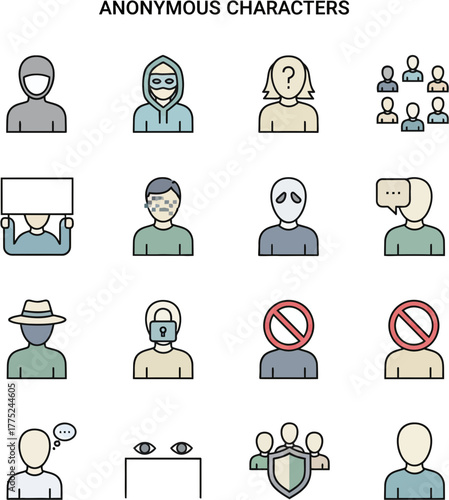 Set of anonymous characters and unknown user profile icons.