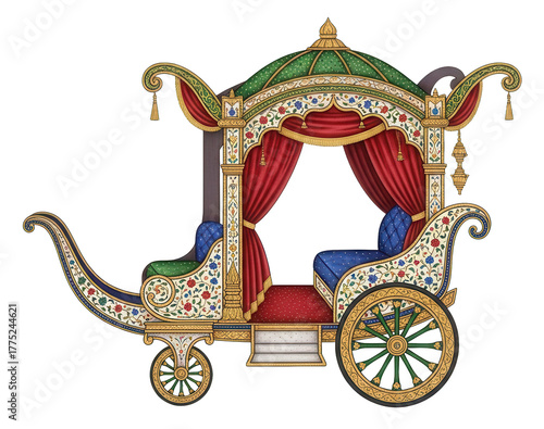 Golden Royal Wedding Chariot with Red Curtains Used for Bride or Groom Arrival Ceremony