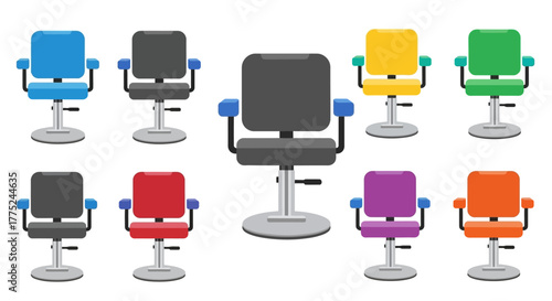 Colorful assortment of barber chairs displayed on a white background