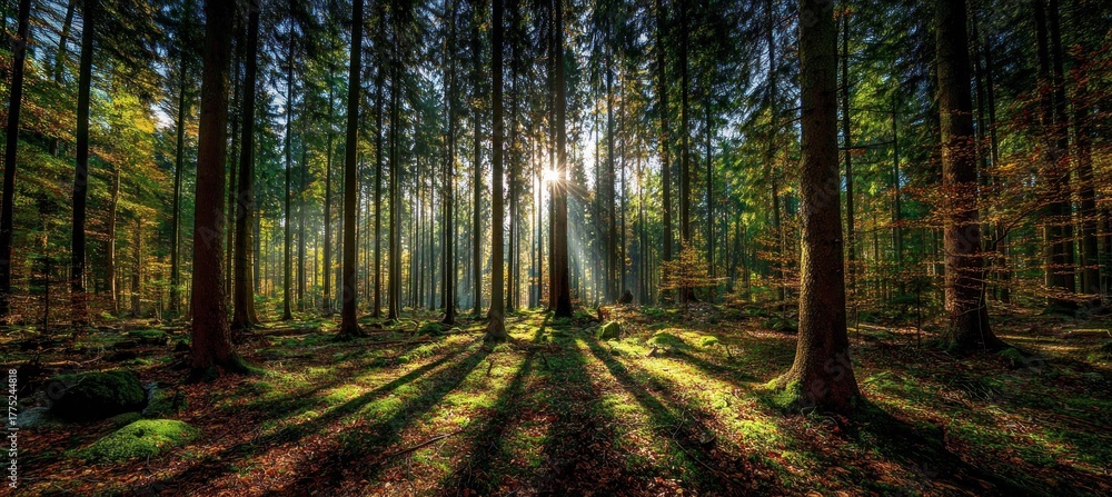 Naklejka premium A sunlit forest shows long shadows cast by trees with green leaves and a canopy