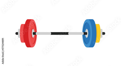 A colorful barbell with red and blue weight plates displayed flat