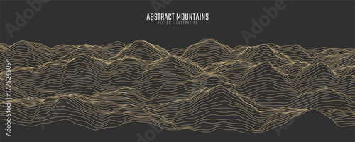Contour mountain landscape. Waved line art. Abstract minimal topographic map. Contour lines with elevations and terrain depth. Vector illustration.