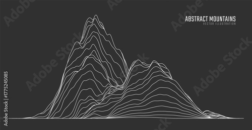 Contour mountain landscape. Waved line art. Abstract minimal topographic map. Contour lines with elevations and terrain depth. Vector illustration.