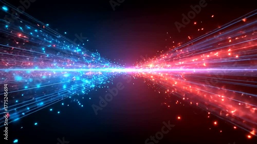 Abstract glowing blue and red particles and light streaks diverging from a central point