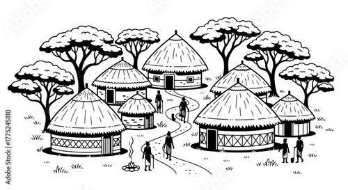 African village scene with traditional huts and people