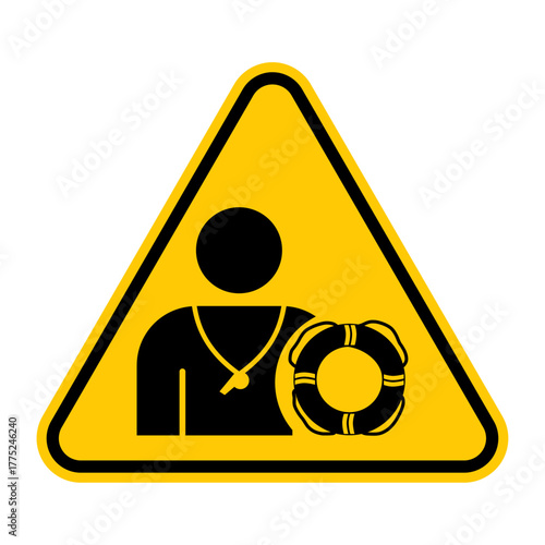 Lifeguard warning sign. Yellow triangle sign with lifeguard with lifebuoy icon inside. Guarded beach, pool, water area. Caution symbol. Safety.