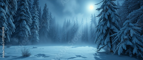 Cold winter forest landscape with snow and frozen pine trees under the night sky.
